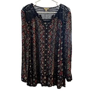 Lucky Brand Women's 1X Boho Tribal Crochet Lace Long Sleeve Peasant Blouse